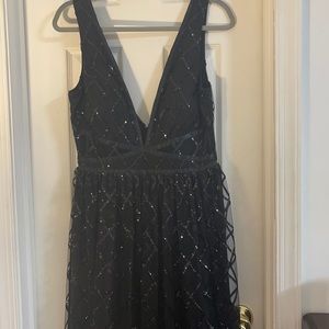 Black sequin dress with floral skirt